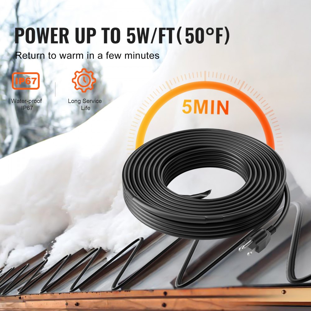 VEVOR Self-Regulating Pipe Heating Cable, 24FT 5W/FT Heat Tape for Pipes, Roof Snow Melting De-icing, Gutter and Pipe Freeze Protection