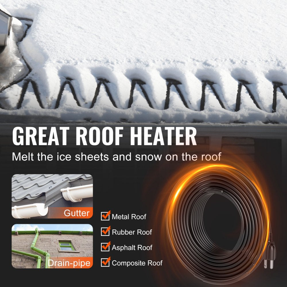 VEVOR Self-Regulating Pipe Heating Cable, 24FT 5W/FT Heat Tape for Pipes, Roof Snow Melting De-icing, Gutter and Pipe Freeze Protection