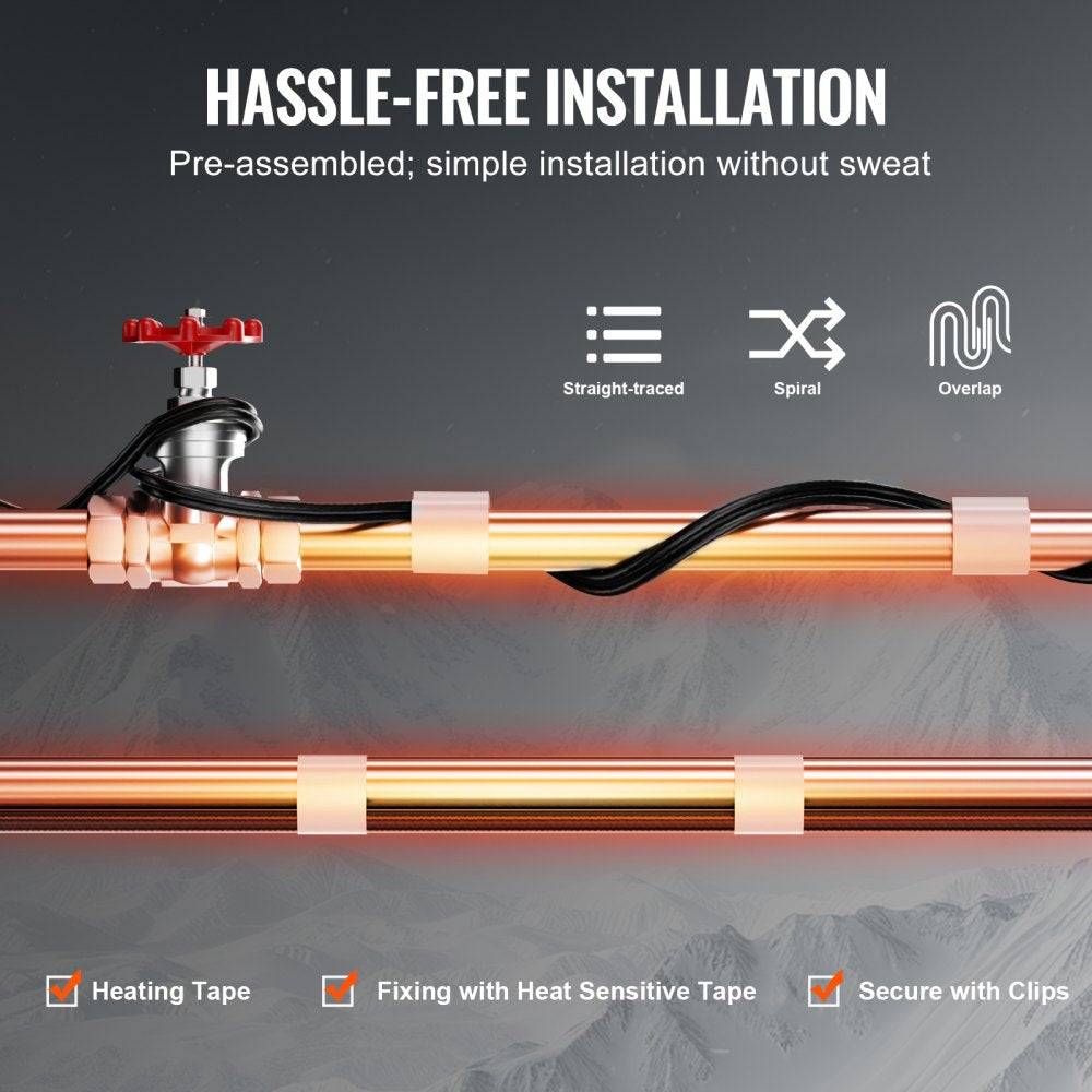 VEVOR Self-Regulating Pipe Heating Cable, 24FT 5W/FT Heat Tape for Pipes, Roof Snow Melting De-icing, Gutter and Pipe Freeze Protection