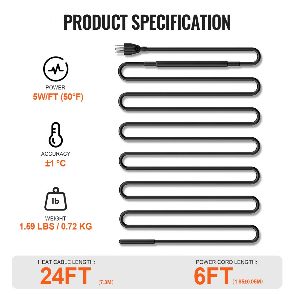 VEVOR Self-Regulating Pipe Heating Cable, 24FT 5W/FT Heat Tape for Pipes, Roof Snow Melting De-icing, Gutter and Pipe Freeze Protection