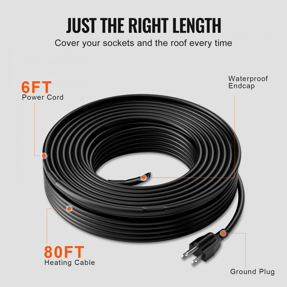 VEVOR Self-Regulating Pipe Heating Cable, 80FT 5W/FT Heat Tape for Pipes, Roof Snow Melting De-icing, Gutter and Pipe Freeze Protection
