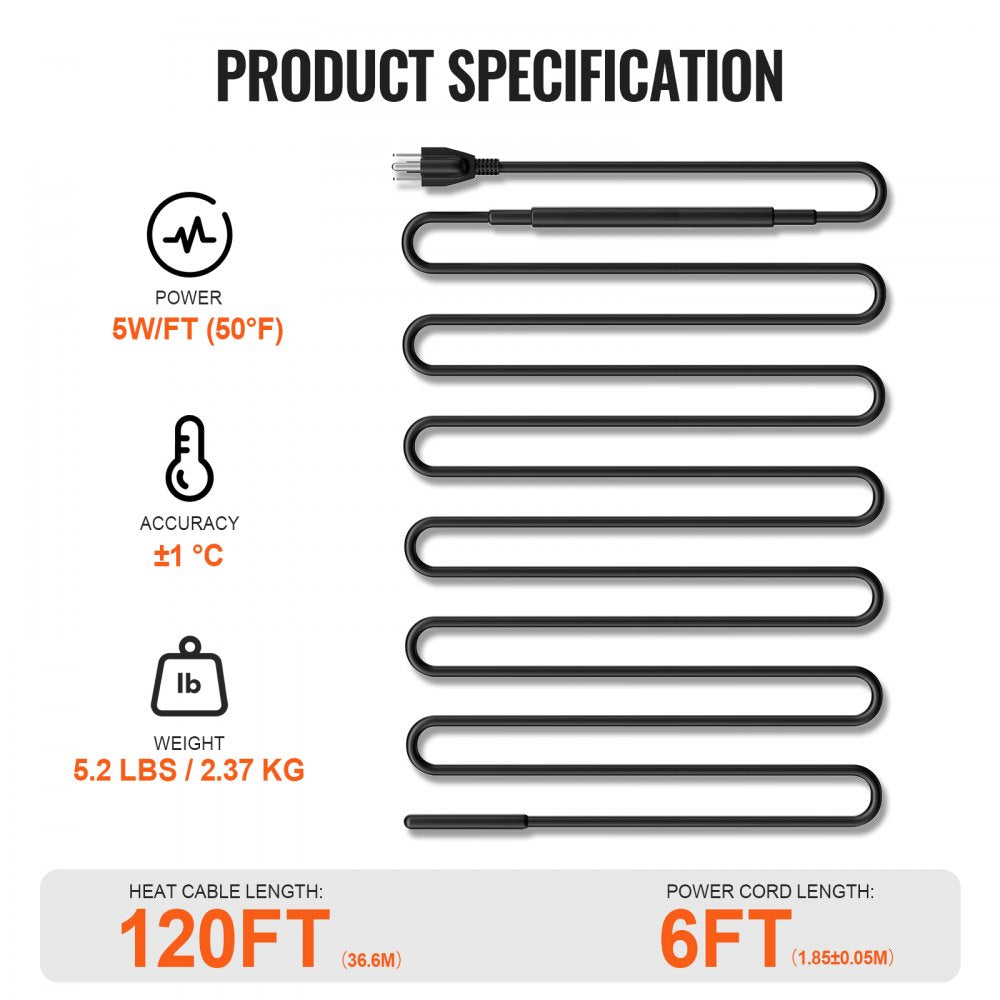 VEVOR Self-Regulating Pipe Heating Cable, 120FT 5W/FT Heat Tape for Pipes, Roof Snow Melting De-icing, Gutter and Pipe Freeze Protection