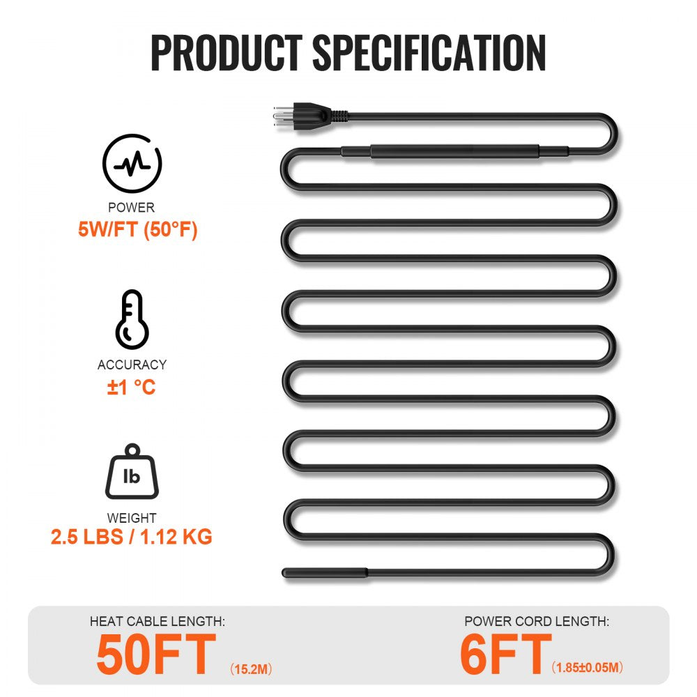 VEVOR Self-Regulating Pipe Heating Cable, 50FT 5W/FT Heat Tape for Pipes, Roof Snow Melting De-icing, Gutter and Pipe Freeze Protection