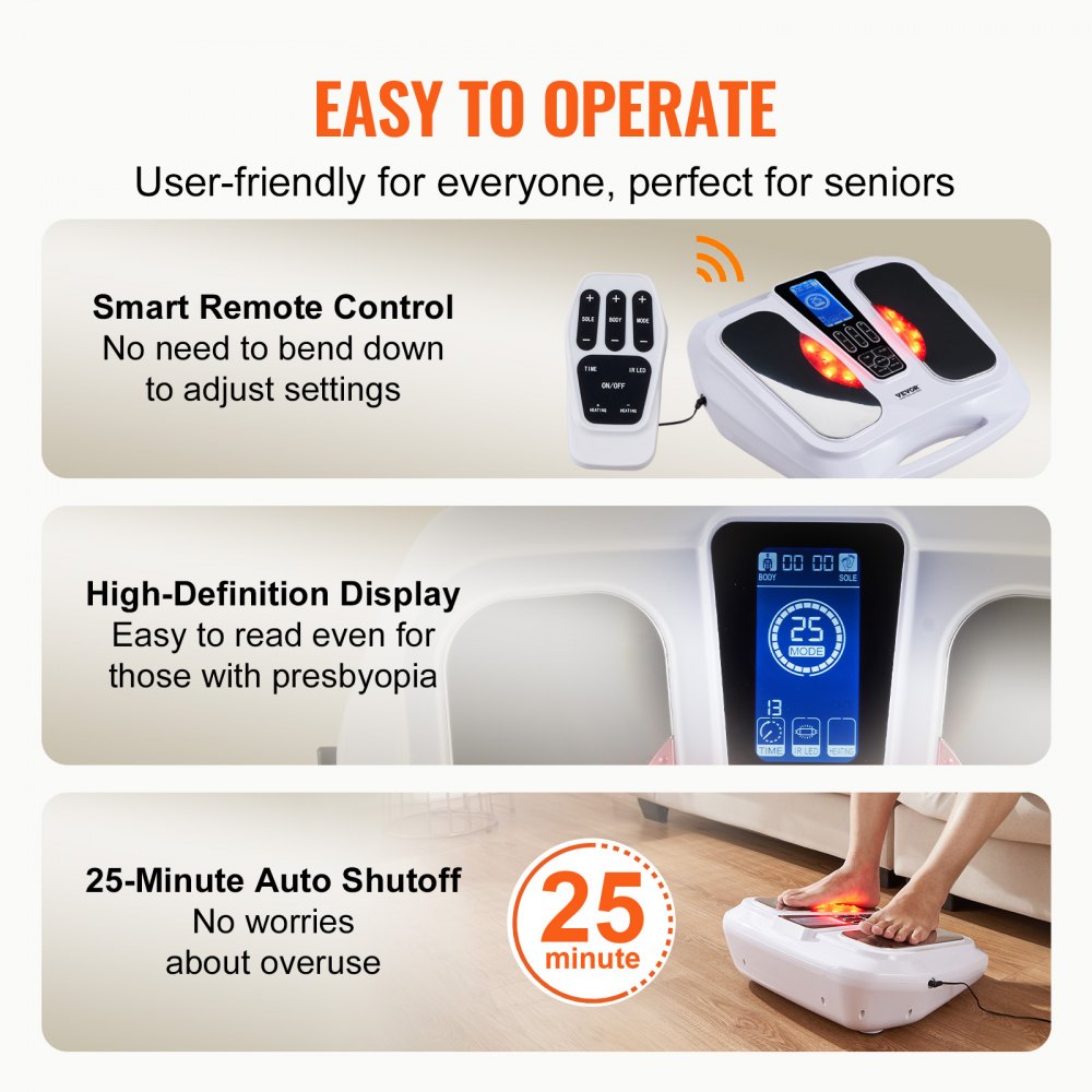 VEVOR Foot Circulation Stimulator with Heat, EMS & TENS Foot Massager for Neuropathy, Electric Foot Stimulator with 3-Level Temperature, 25 Modes & 50 Intensities for Pain Relief, Plantar Fasciitis