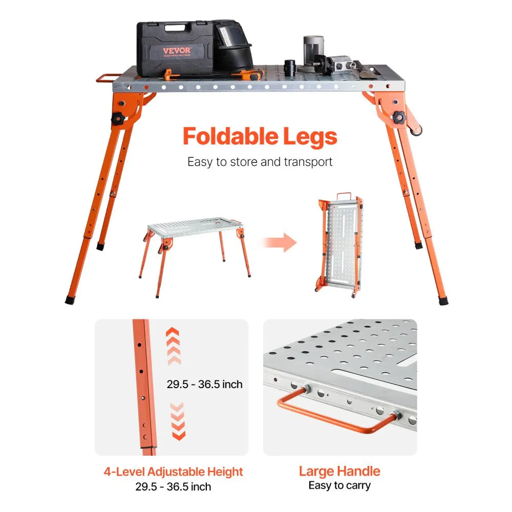 VEVOR Foldable Welding Table 44" x 21", 500LBS Capacity Welding Workbench with 4-Level Adjustable Height, Carbon Steel Work Bench with 6 Tool Slots & 0.63" Fixture Holes for Welding Assembly Repair