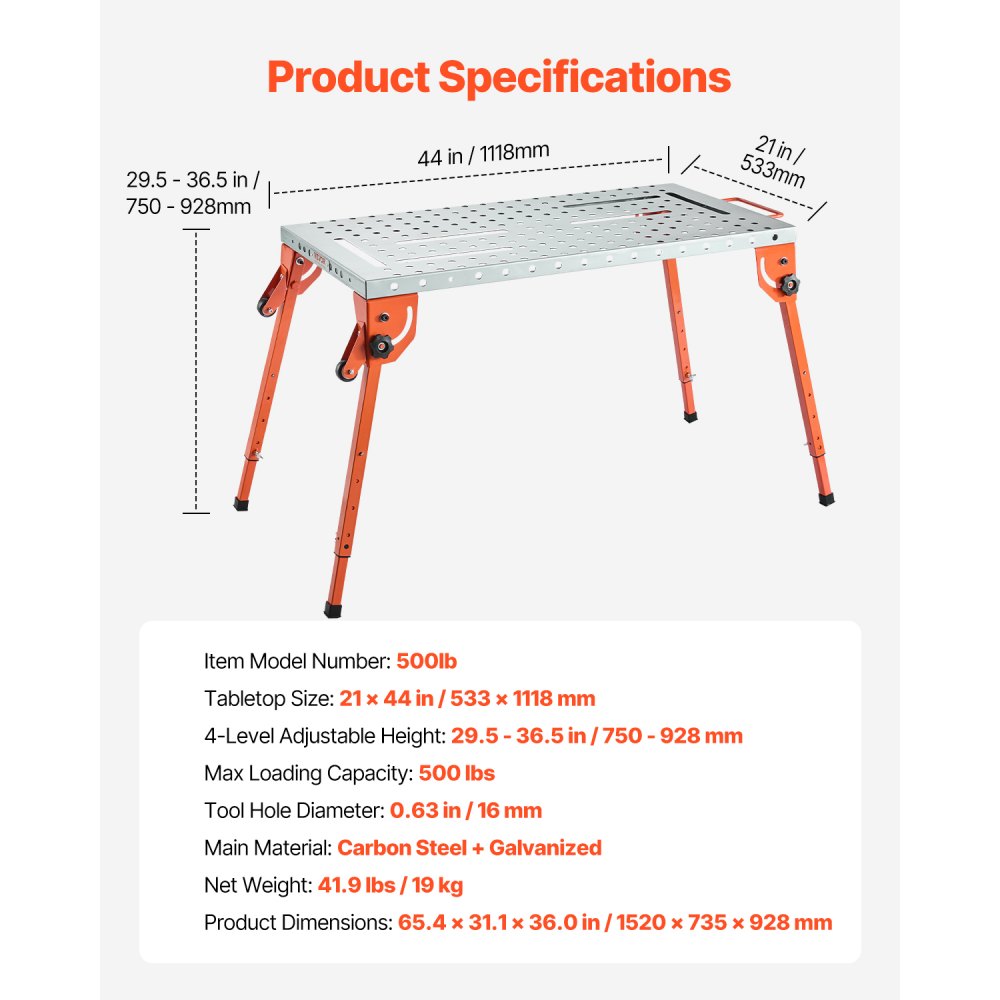 VEVOR Foldable Welding Table 44" x 21", 500LBS Capacity Welding Workbench with 4-Level Adjustable Height, Carbon Steel Work Bench with 6 Tool Slots & 0.63" Fixture Holes for Welding Assembly Repair