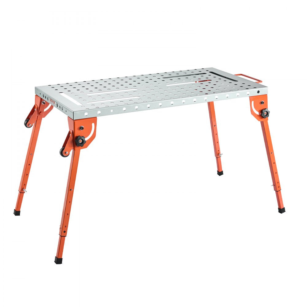 VEVOR Foldable Welding Table 44" x 21", 500LBS Capacity Welding Workbench with 4-Level Adjustable Height, Carbon Steel Work Bench with 6 Tool Slots & 0.63" Fixture Holes for Welding Assembly Repair
