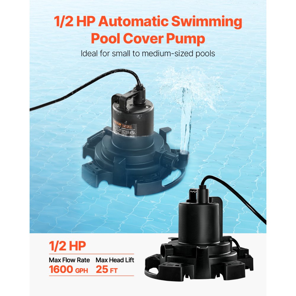 VEVOR Automatic Pool Cover Pump, 1/2 HP 1600 GPH, 120V Submersible Swimming Pool Cover Pump with 25 ft Power Cord, 25 ft Max Head Lift, Water Removal and Transfer Pump, for Pool Draining Hot Tubs
