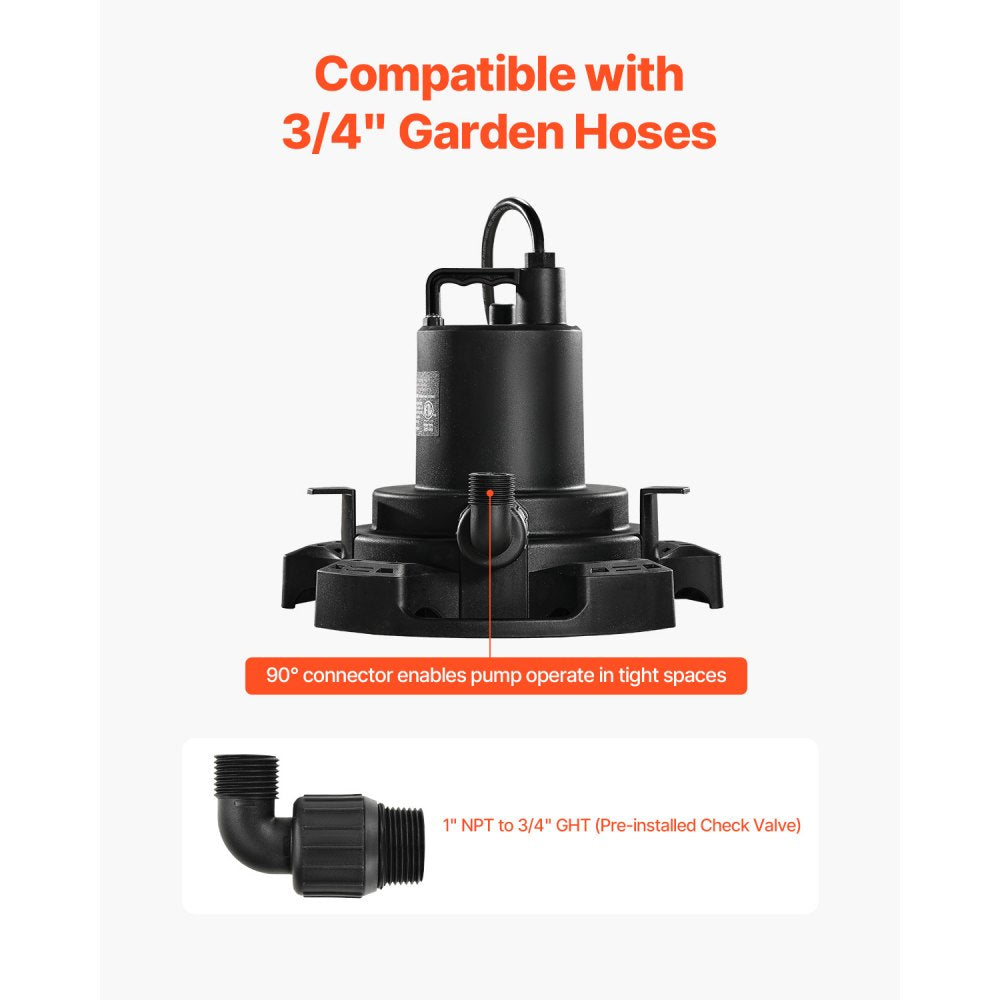 VEVOR Automatic Pool Cover Pump, 1/2 HP 1600 GPH, 120V Submersible Swimming Pool Cover Pump with 25 ft Power Cord, 25 ft Max Head Lift, Water Removal and Transfer Pump, for Pool Draining Hot Tubs