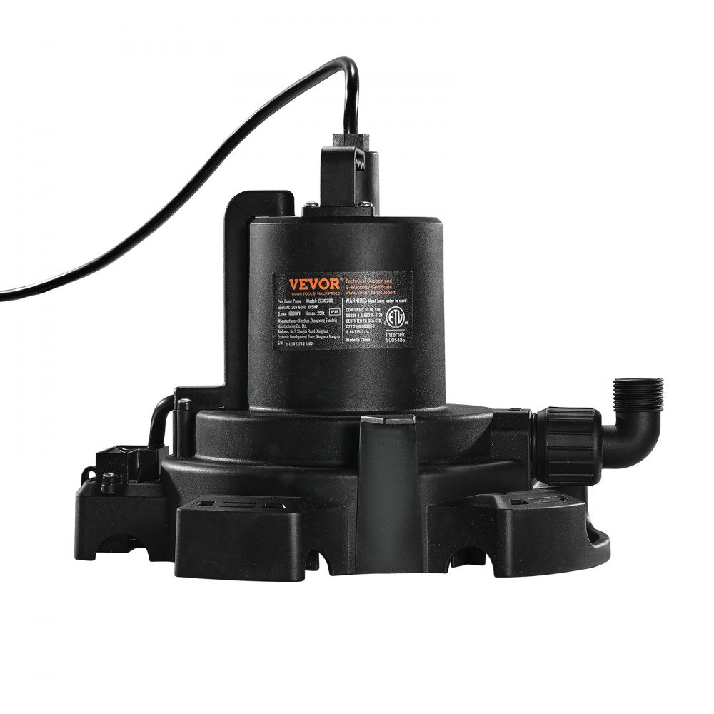 VEVOR Automatic Pool Cover Pump, 1/2 HP 1600 GPH, 120V Submersible Swimming Pool Cover Pump with 25 ft Power Cord, 25 ft Max Head Lift, Water Removal and Transfer Pump, for Pool Draining Hot Tubs