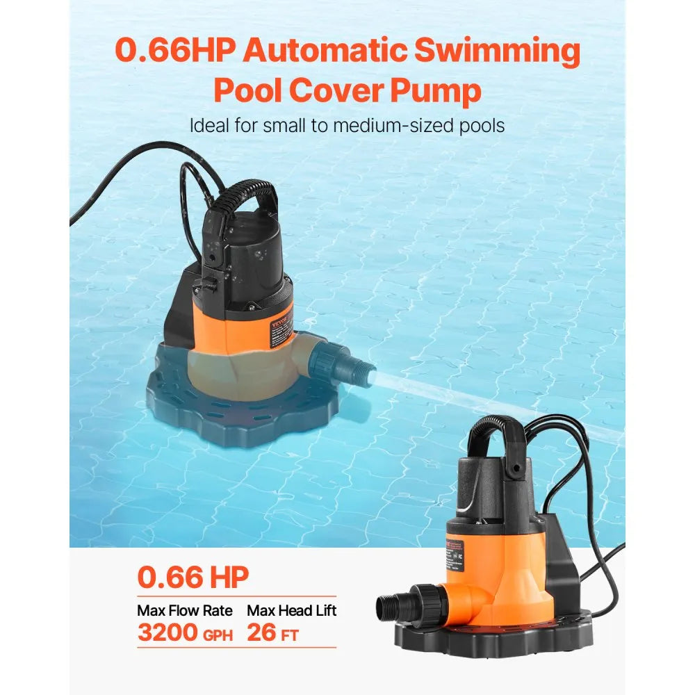 VEVOR Automatic Pool Cover Pump, 0.66 HP 3200 GPH, 120V Submersible Swimming Pool Cover Pump with 25 ft Power Cord, 26 ft Max Head Lift, Water Removal and Transfer Pump, for Pool Draining Hot Tubs