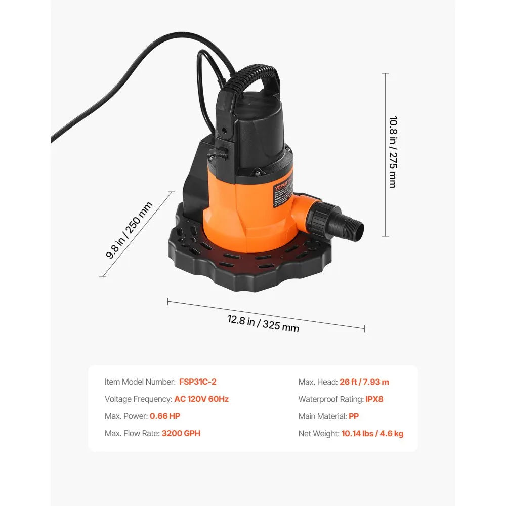 VEVOR Automatic Pool Cover Pump, 0.66 HP 3200 GPH, 120V Submersible Swimming Pool Cover Pump with 25 ft Power Cord, 26 ft Max Head Lift, Water Removal and Transfer Pump, for Pool Draining Hot Tubs