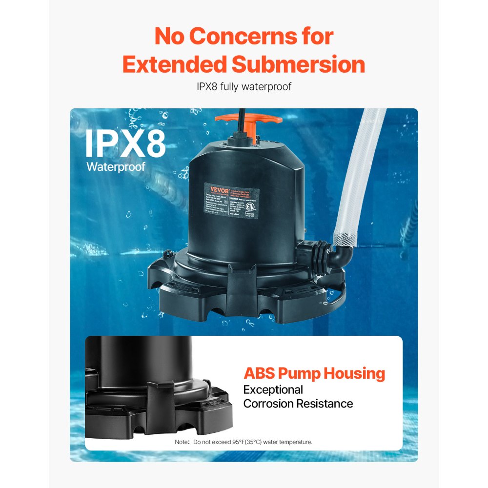 VEVOR Pool Cover Pump, 1/2 HP 1575 GPH, 120V Submersible Swimming Pool Cover Pump with 25 ft Power Cord, 24 ft Max Head Lift, Water Removal and Transfer Pump, for Pool Draining Inflatable Water Parks