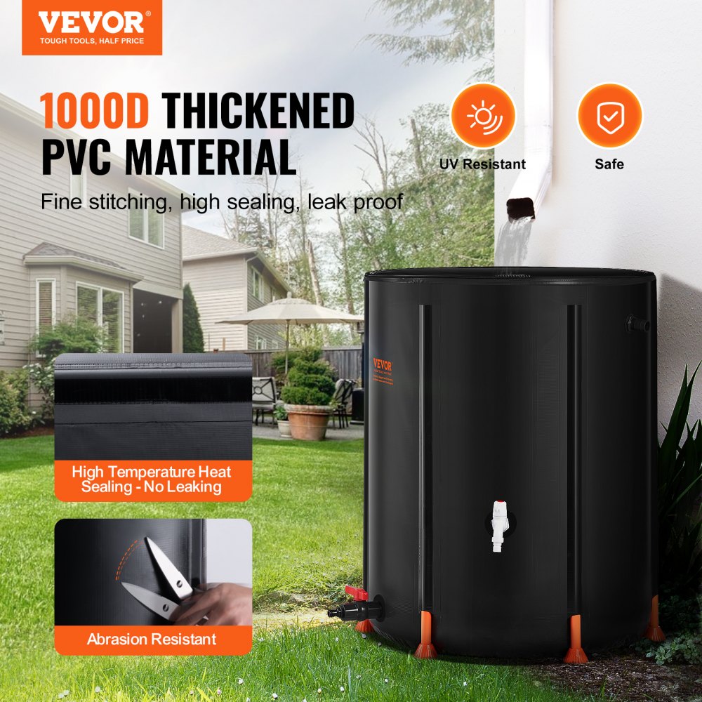 VEVOR Collapsible Rain Barrel, 53 Gallon/201 L Portable Rain Water Collection Barrel, PVC Rainwater Collection System with Spigots and Overflow Kit, Water Barrel  for Garden Water Catcher