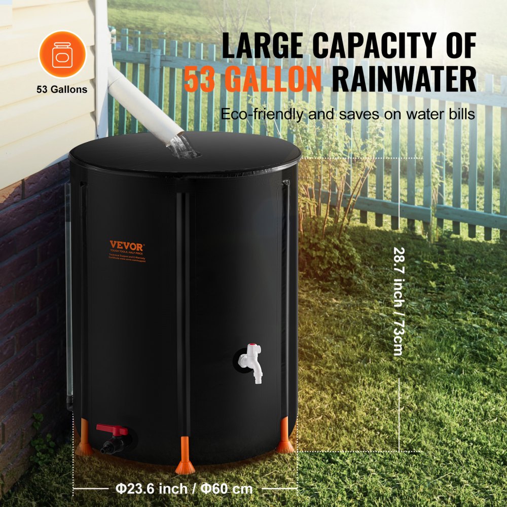VEVOR Collapsible Rain Barrel, 53 Gallon/201 L Portable Rain Water Collection Barrel, PVC Rainwater Collection System with Spigots and Overflow Kit, Water Barrel  for Garden Water Catcher