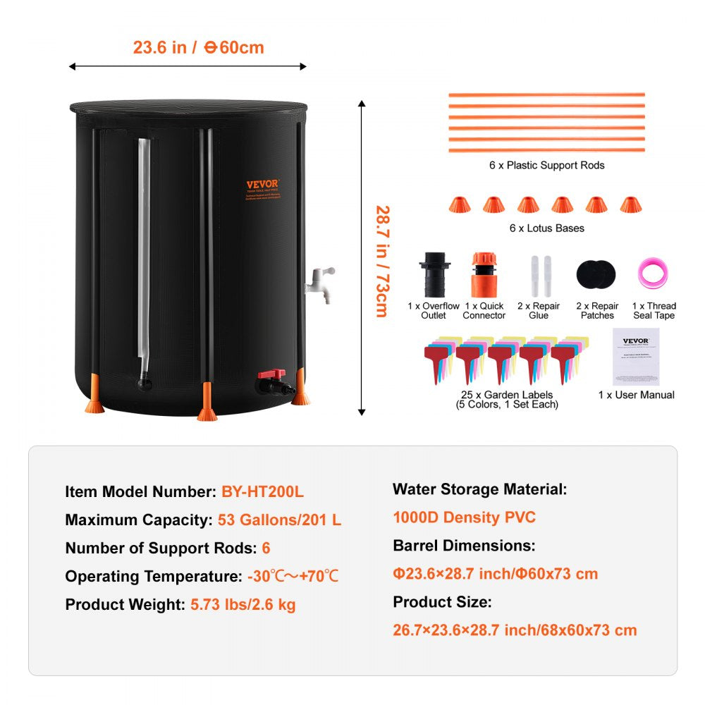 VEVOR Collapsible Rain Barrel, 53 Gallon/201 L Portable Rain Water Collection Barrel, PVC Rainwater Collection System with Spigots and Overflow Kit, Water Barrel  for Garden Water Catcher