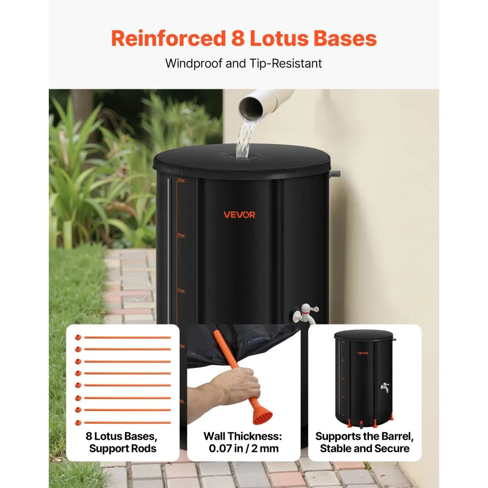 VEVOR Collapsible Rain Barrel, 66 Gallon Portable Rain Water Collection Barrel, 500D PVC Rainwater Collection System, Garden Water Catcher Tank Storage Container with Spigot & Overflow Kit, Black