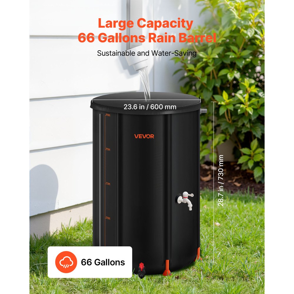 VEVOR Collapsible Rain Barrel, 66 Gallon Portable Rain Water Collection Barrel, 500D PVC Rainwater Collection System, Garden Water Catcher Tank Storage Container with Spigot & Overflow Kit, Black