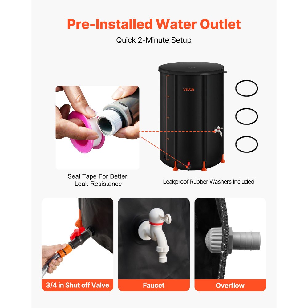 VEVOR Collapsible Rain Barrel, 66 Gallon Portable Rain Water Collection Barrel, 500D PVC Rainwater Collection System, Garden Water Catcher Tank Storage Container with Spigot & Overflow Kit, Black