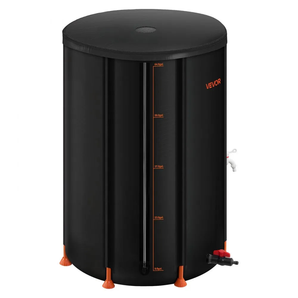 VEVOR Collapsible Rain Barrel, 66 Gallon Portable Rain Water Collection Barrel, 500D PVC Rainwater Collection System, Garden Water Catcher Tank Storage Container with Spigot & Overflow Kit, Black
