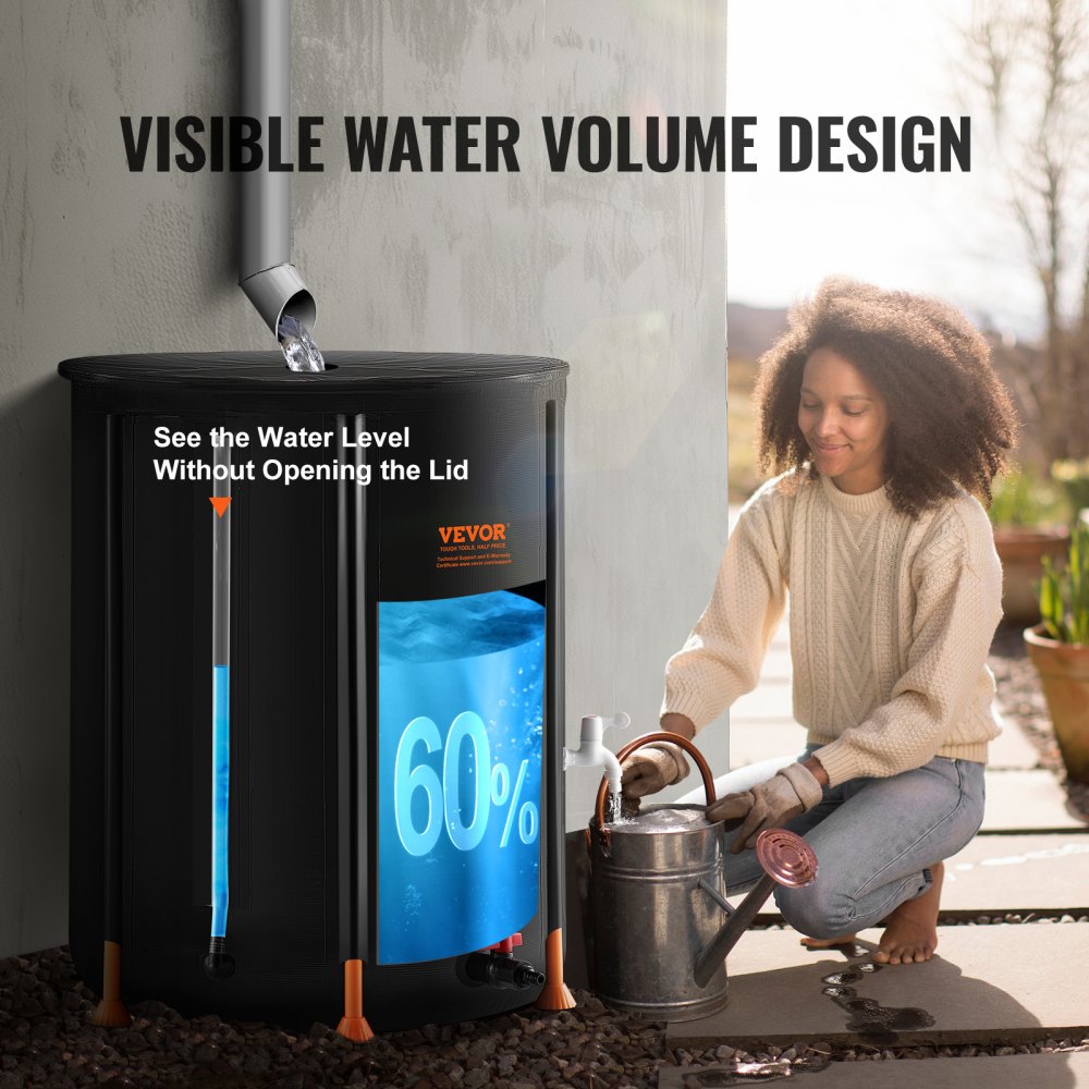 VEVOR Collapsible Rain Barrel, 66 Gallon/250 L Portable Rain Water Collection Barrel, PVC Rainwater Collection System with Spigots and Overflow Kit, Water Barrel for Garden Water Catcher