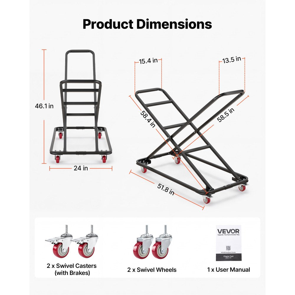 VEVOR Performing Arts Chair Cart 300 lbs Capacity Holds Up to 18 Chairs, for Music Events, X-Shaped Stacking Design, Heavy-Duty Carbon Steel, Easy to Move, Storage Dolly, with Locking Swivel Wheels