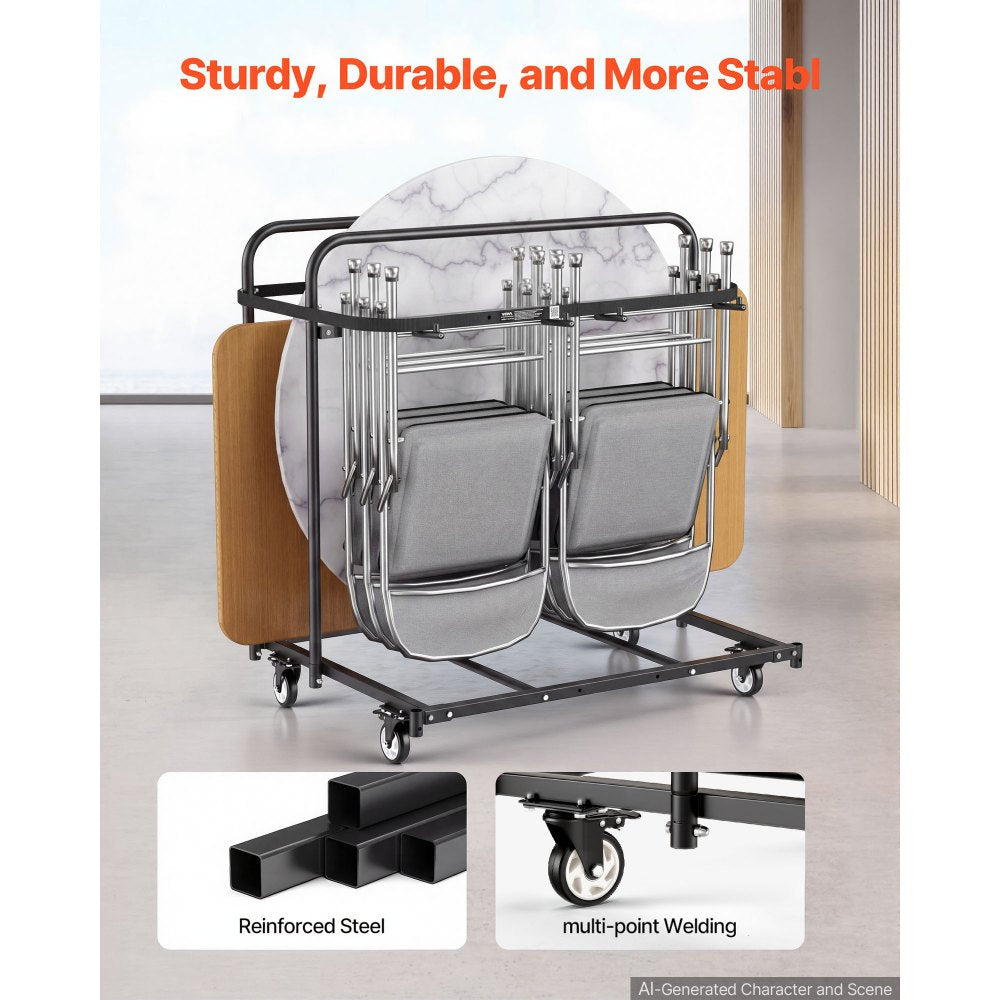 VEVOR Folding Table and Chair Rack Cart 400 lbs Holds 14 Chairs & 5 Tables, for Party Event Hotel Factory, Heavy-Duty Carbon Steel, Easy to Move, Storage Dolly, with Swivel Casters and Locking Wheels