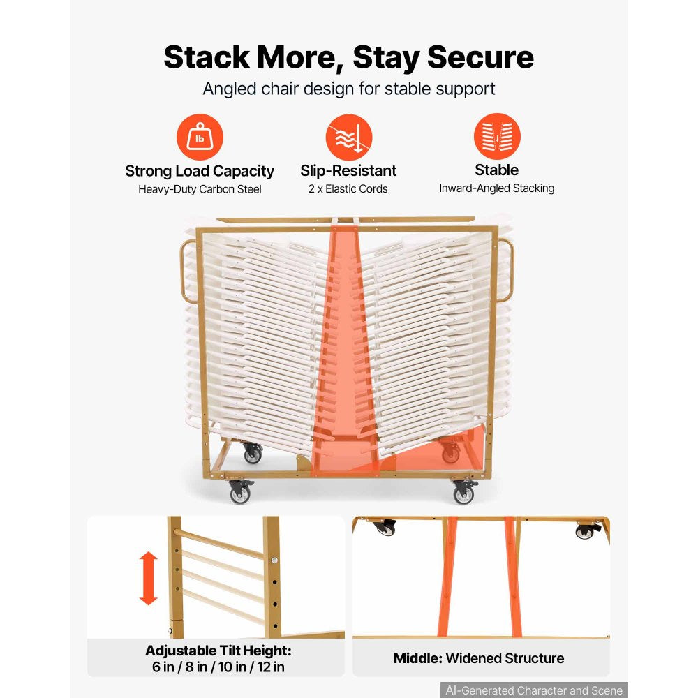 VEVOR Folding Chair Cart 500 lbs Capacity for 40 Chairs Horizontal Stacking, for Large Events Commercial, Heavy-Duty Carbon Steel, Easy to Move, Storage Dolly Holder, with Locking Swivel Wheel, Handle