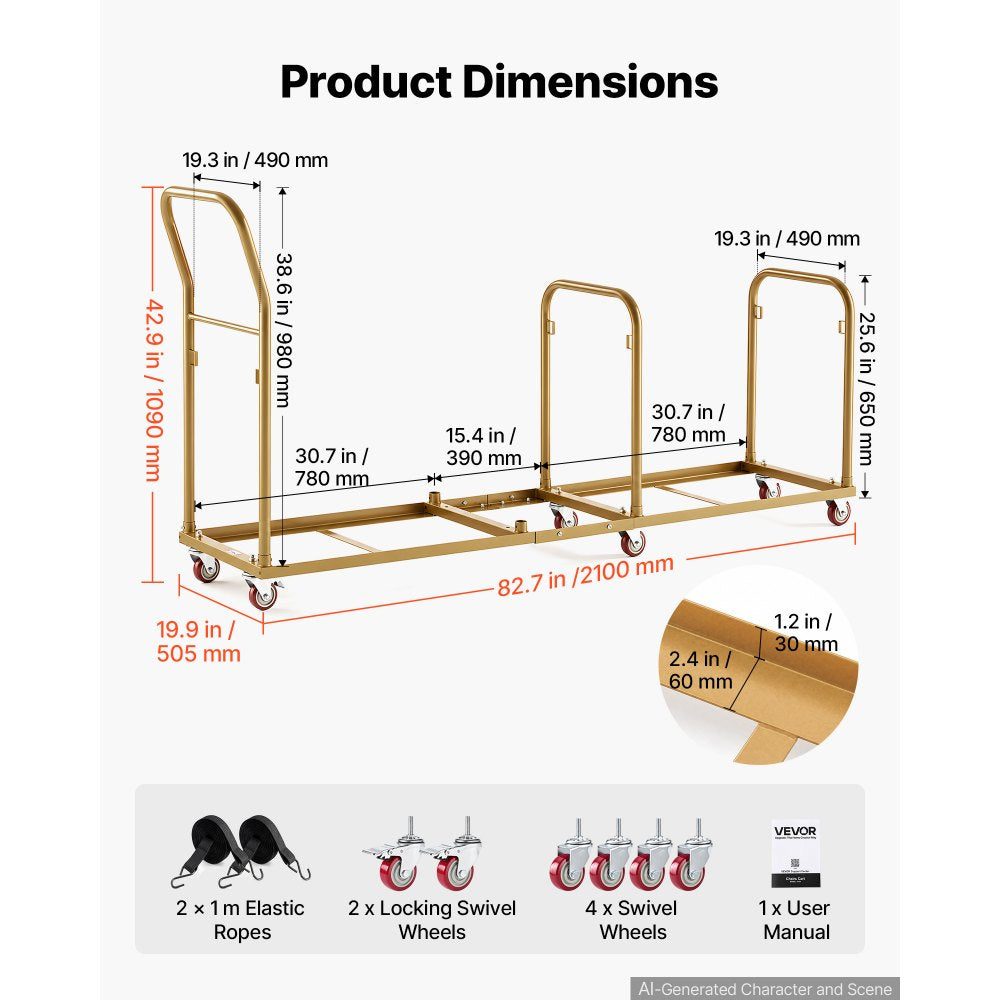 VEVOR Commercial Folding Chair Cart Holds Up to 50 Chair Vertical Placement, for Large Events, Heavy-Duty Carbon Steel, Easy to Move, 500 lbs Capacity Storage Dolly Holder, with Locking Wheels, Handle