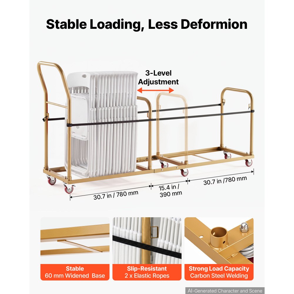 VEVOR Commercial Folding Chair Cart Holds Up to 50 Chair Vertical Placement, for Large Events, Heavy-Duty Carbon Steel, Easy to Move, 500 lbs Capacity Storage Dolly Holder, with Locking Wheels, Handle