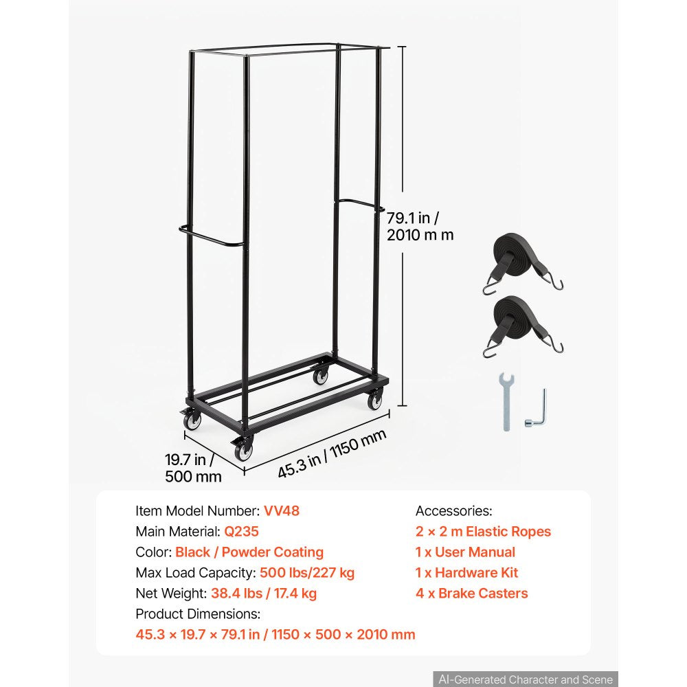 VEVOR Folding Chair Cart 500 lbs Capacity for 60 Chair Horizontal Placement, for Party Event Hotel, Heavy-Duty Carbon Steel, Easy to Move, Storage Dolly Holder, with Swivel Casters and Locking Wheels