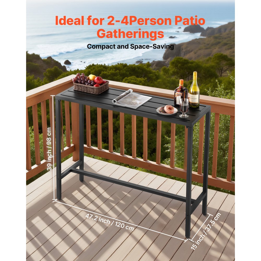 VEVOR Outdoor Bar Table, 47 x 15 in Patio Bar Table, Waterproof Top & Sturdy Metal Frame, Rectangle Counter Height Dining Tables, Outdoor Furniture for Balcony, Yard, Hot Tub, Poolside, Indoor
