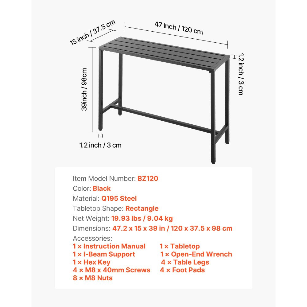 VEVOR Outdoor Bar Table, 47 x 15 in Patio Bar Table, Waterproof Top & Sturdy Metal Frame, Rectangle Counter Height Dining Tables, Outdoor Furniture for Balcony, Yard, Hot Tub, Poolside, Indoor