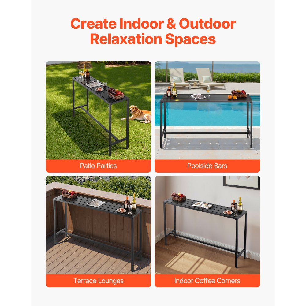 VEVOR Outdoor Bar Table, 63 x 15 in Patio Bar Table, Waterproof Top & Sturdy Metal Frame, Rectangle Counter Height Dining Tables, Outdoor Furniture for Balcony, Yard, Hot Tub, Poolside, Indoor