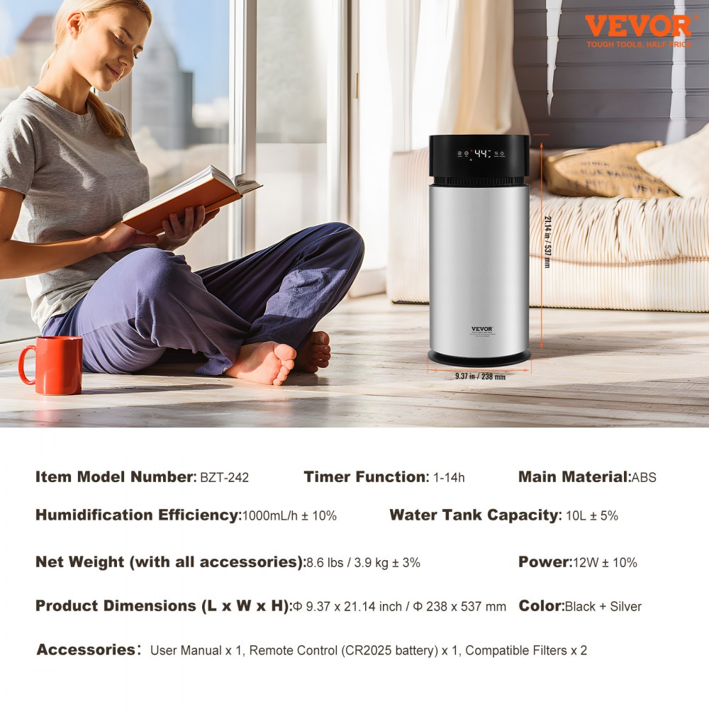 VEVOR Evaporative Humidifier for Whole House up to 270 sqft, 10L(2.64G) Large Smart Cool Moisture Humidifier and Air Purifier,3-Speeds & 1-14h Timer,Premium Filter Quiet Sleep Mode for Bedroom