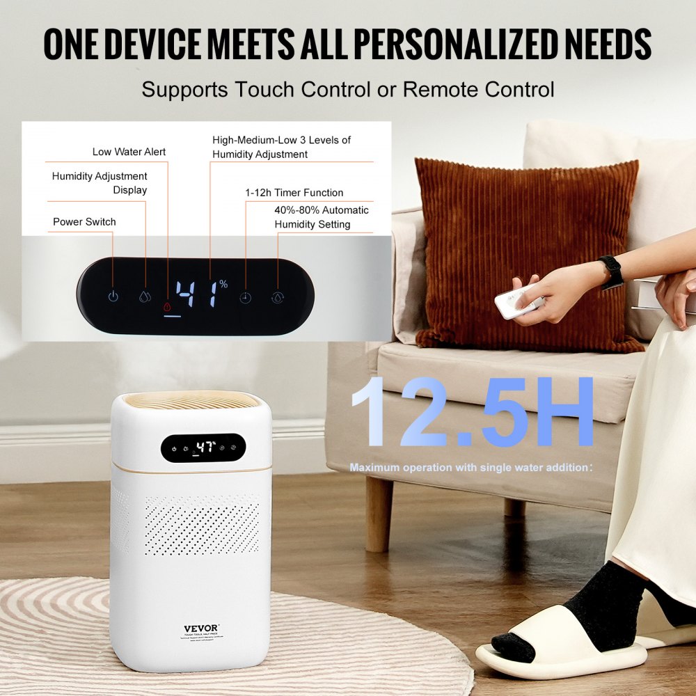 VEVOR Evaporative Humidifier for Whole House up to 215 sqft, 480 ml/h Smart Cool Moisture Humidifier and Air Purifier,3-Speeds & 1-12h Timer,Premium Filter Quiet Sleep Mode for Bedroom,5L(1.32G)