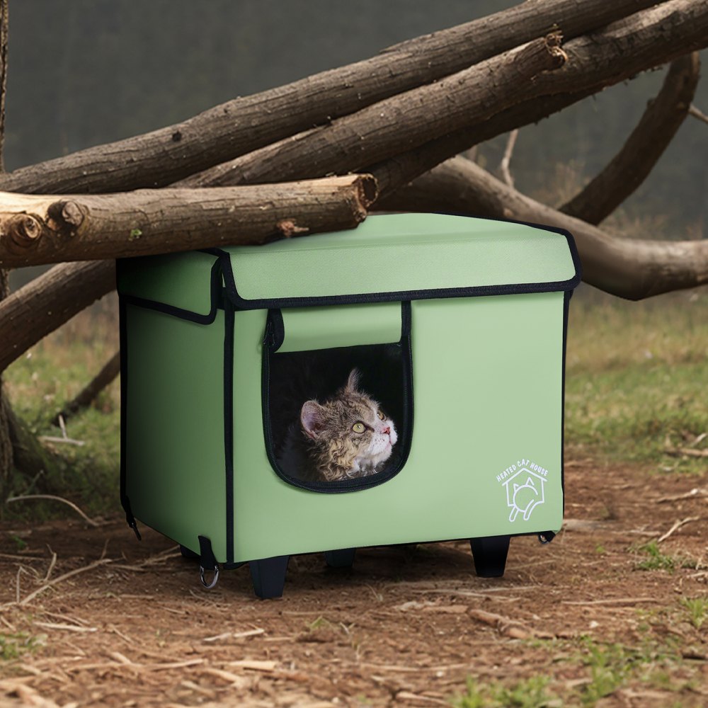 VEVOR Elevated Heated Cat House, Cuboid Kitty Shelter with Adjustable Temperature and Timer, 900D Oxford Cloth Foldable Cat Shelter with Heated Pad  for Winter to Stay Warm and Cozy, Green (Small)