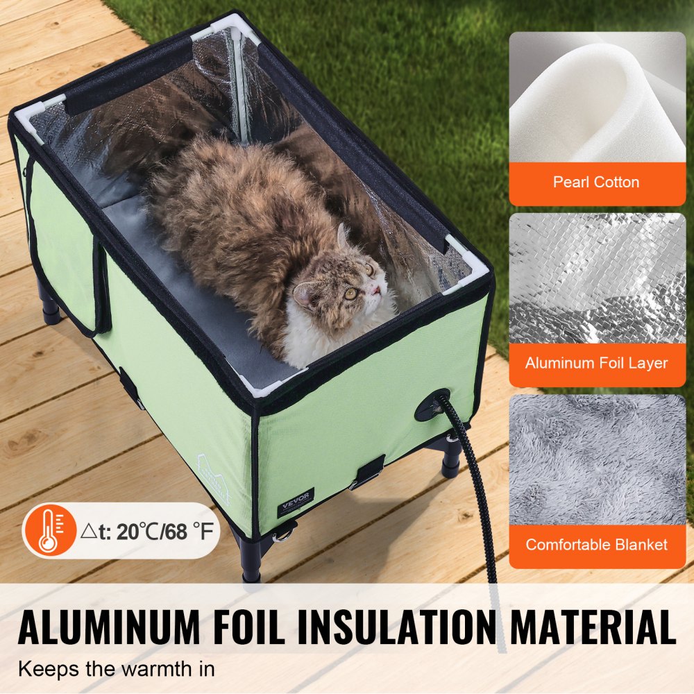 VEVOR Elevated Heated Cat House, Cuboid Kitty Shelter with Adjustable Temperature and Timer, 900D Oxford Cloth Foldable Cat Shelter with Heated Pad  for Winter to Stay Warm and Cozy, Green (Middle)