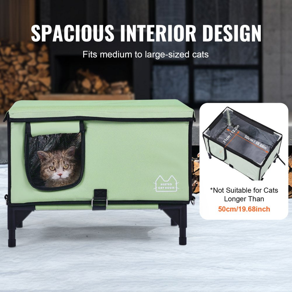 VEVOR Elevated Heated Cat House, Cuboid Kitty Shelter with Adjustable Temperature and Timer, 900D Oxford Cloth Foldable Cat Shelter with Heated Pad  for Winter to Stay Warm and Cozy, Green (Middle)