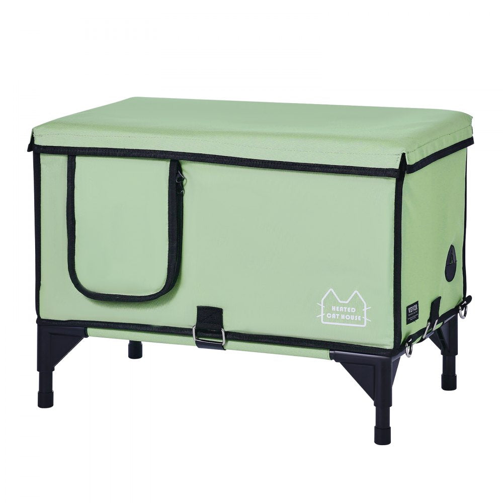 VEVOR Elevated Heated Cat House, Cuboid Kitty Shelter with Adjustable Temperature and Timer, 900D Oxford Cloth Foldable Cat Shelter with Heated Pad  for Winter to Stay Warm and Cozy, Green (Middle)