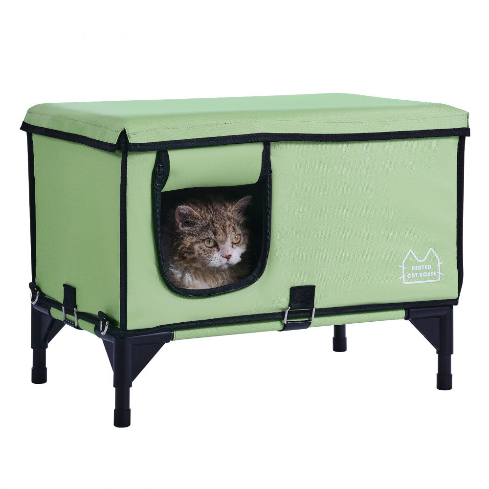 VEVOR Elevated Heated Cat House, Cuboid Kitty Shelter with Adjustable Temperature and Timer, 900D Oxford Cloth Foldable Cat Shelter with Heated Pad  for Winter to Stay Warm and Cozy, Green (Middle)