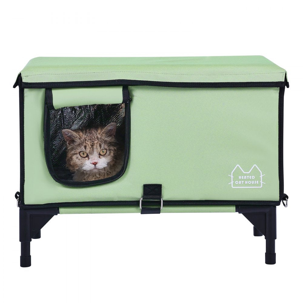 VEVOR Elevated Heated Cat House, Cuboid Kitty Shelter with Adjustable Temperature and Timer, 900D Oxford Cloth Foldable Cat Shelter with Heated Pad  for Winter to Stay Warm and Cozy, Green (Middle)