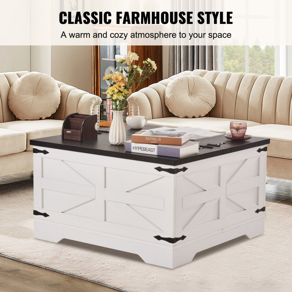VEVOR 31.5" Farmhouse Coffee Table, Hinged Square Coffee Table with Large Storage Compartment, Wooden Rustic Cocktail Table for Living Room, Bedroom, Apartment, Studio, Gray & White
