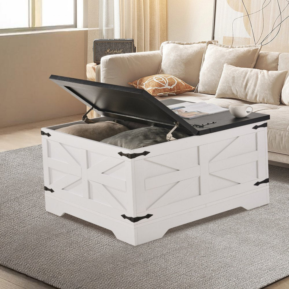 VEVOR 31.5" Farmhouse Coffee Table, Hinged Square Coffee Table with Large Storage Compartment, Wooden Rustic Cocktail Table for Living Room, Bedroom, Apartment, Studio, Gray & White