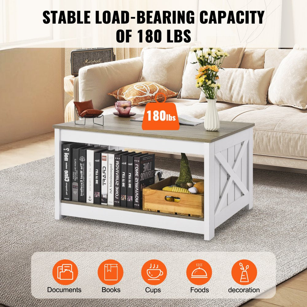 VEVOR 31.5" Farmhouse Coffee Table, Square Coffee Table with Open Storage Compartment, Wooden Rustic Cocktail Table for Living Room, Bedroom, Apartment, Studio, Gray & White