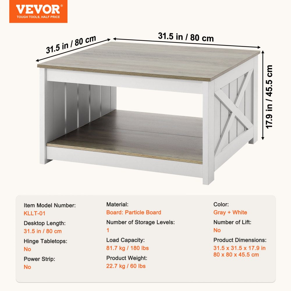 VEVOR 31.5" Farmhouse Coffee Table, Square Coffee Table with Open Storage Compartment, Wooden Rustic Cocktail Table for Living Room, Bedroom, Apartment, Studio, Gray & White