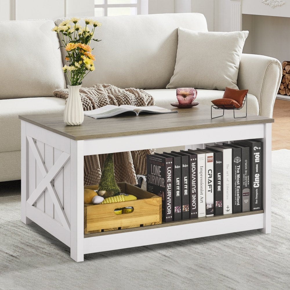 VEVOR 31.5" Farmhouse Coffee Table, Square Coffee Table with Open Storage Compartment, Wooden Rustic Cocktail Table for Living Room, Bedroom, Apartment, Studio, Gray & White