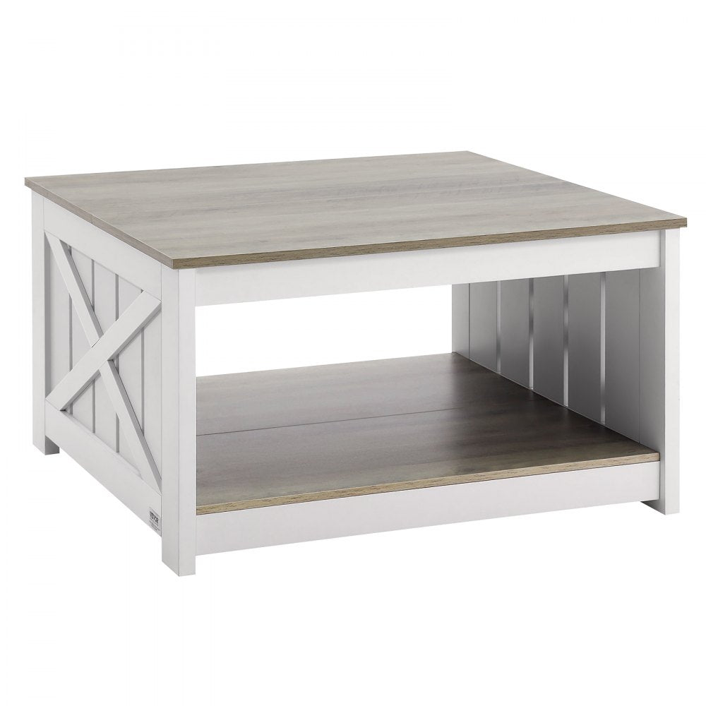 VEVOR 31.5" Farmhouse Coffee Table, Square Coffee Table with Open Storage Compartment, Wooden Rustic Cocktail Table for Living Room, Bedroom, Apartment, Studio, Gray & White