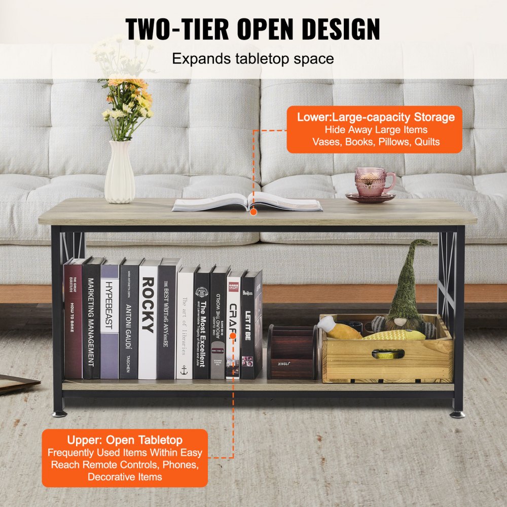 VEVOR 40" Farmhouse Coffee Table, Rectangle Coffee Table with Open Storage Compartment, Wooden Rustic Cocktail Table for Living Room, Bedroom, Apartment, Studio, Brown & Black