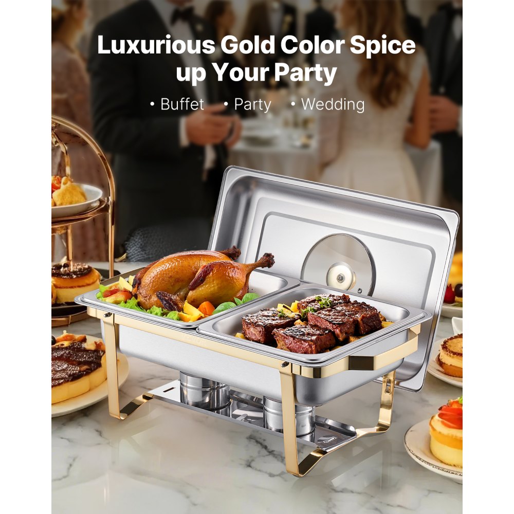 VEVOR Chafing Dish Buffet Set, 4 Qt 2 Pack, Stainless Steel Chafer with 4 Half Size Pans, Rectangle Catering Warmer Server with Glass Lid Water Pan Folding Stand Fuel Holder, for Wedding Party Banquet